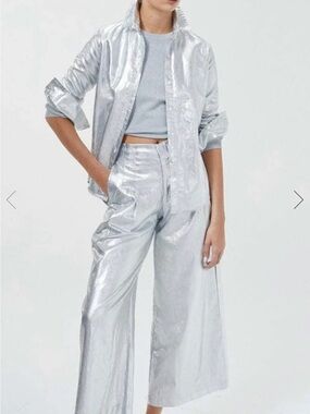 Wide-Leg Metallic Silver Women’s Pants